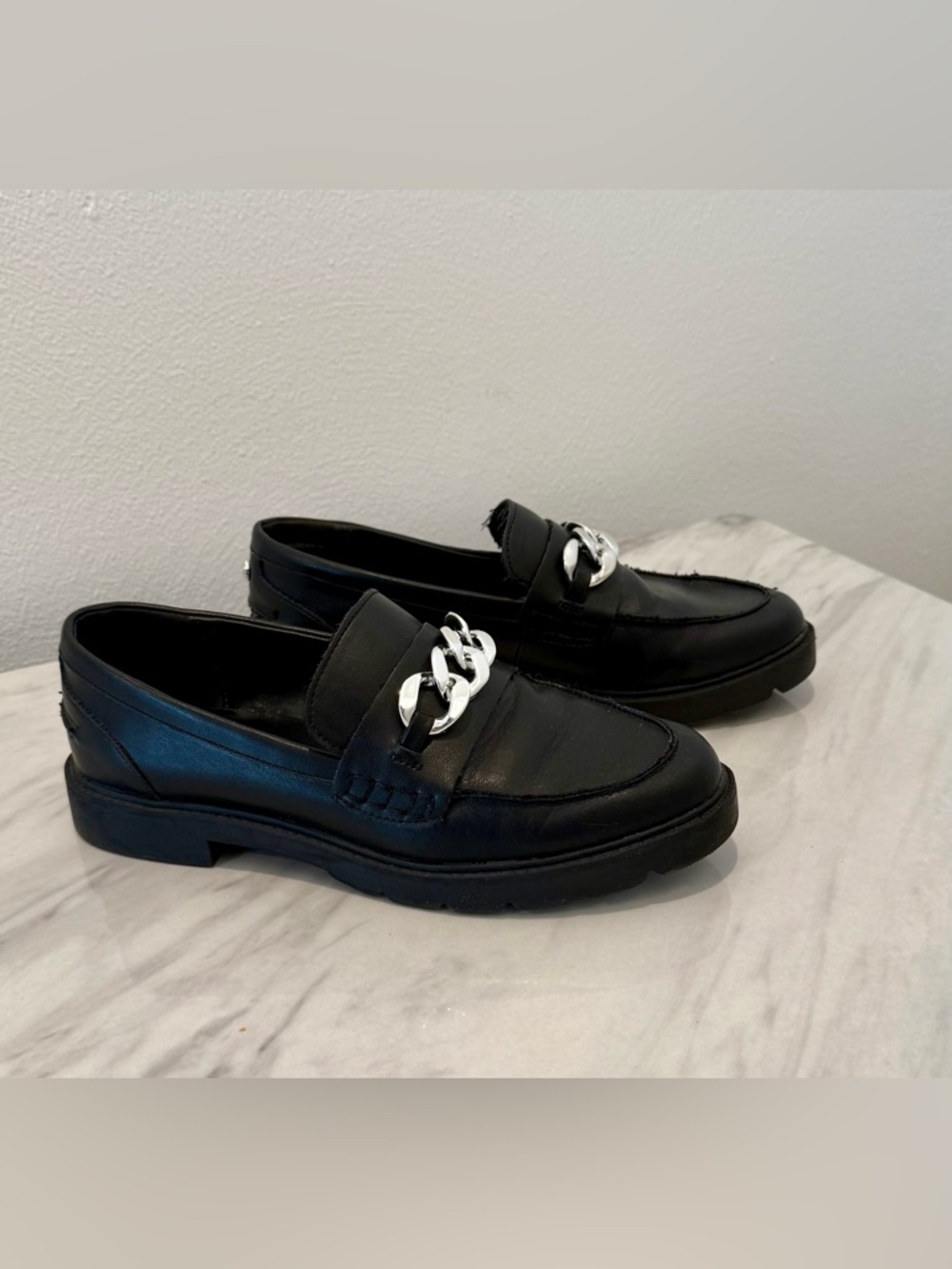 Anne Klein Black Leather Chain-Trim Loafers